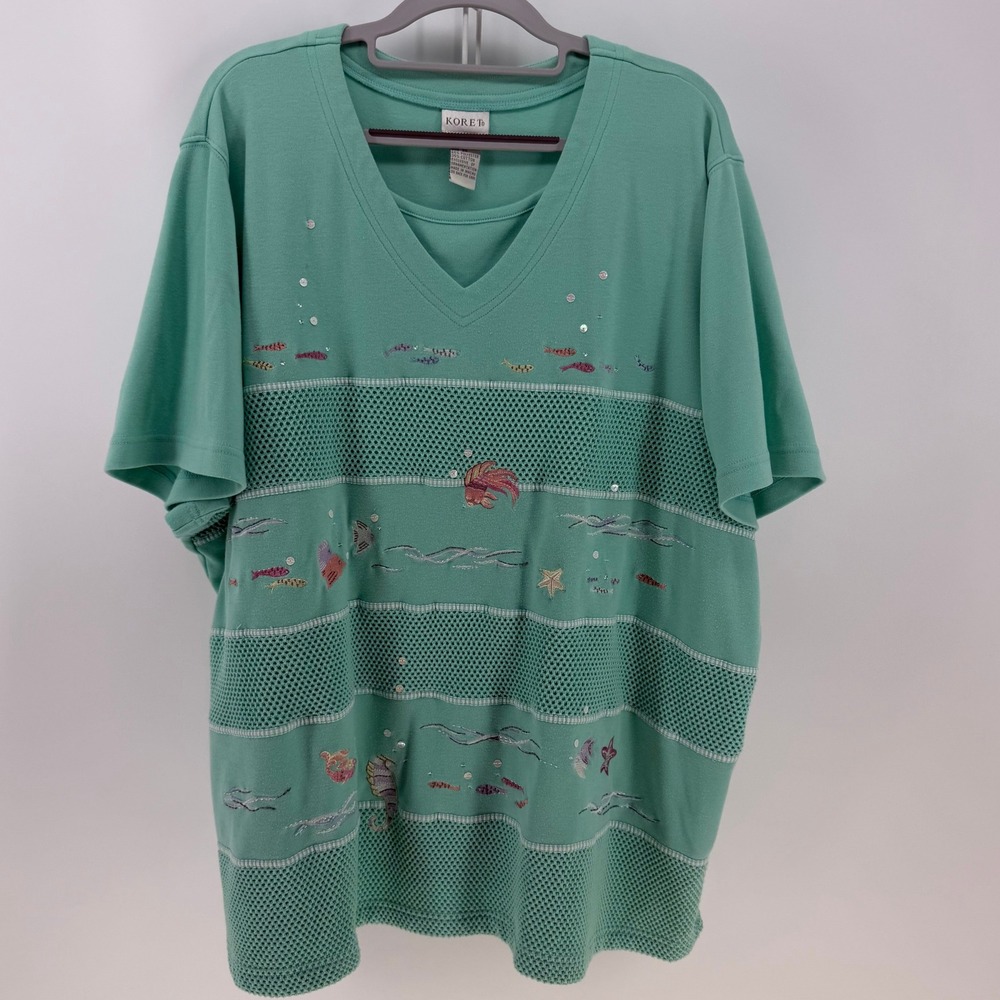 Koret Top Women 3X Teal Nautical Fish Sequin Mesh V-Neck Coastal Sea Life Beachy